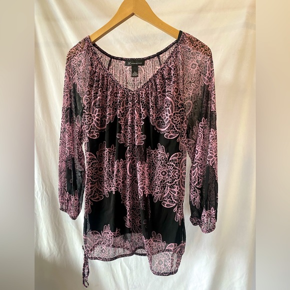 INC International Concepts Tops - INC Pink & Black 3/4 Sleeve Mesh Blouse - Large